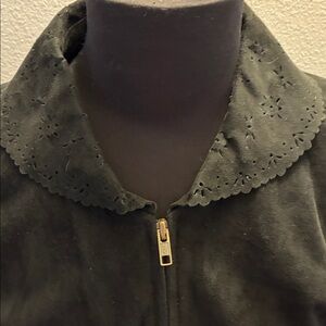 Vintage Nancy Heller Black Suede Zip Jacket Eyelet Scalloped Collar S 42” chest